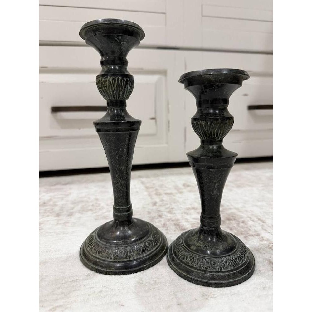 Vintage Black Brass Candlesticks Set of 2 - Made in India - Dark Academia Goth